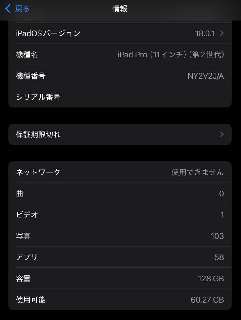 iPad pro 11インチ　第2世代　スペースグレイ　セルラーモデル