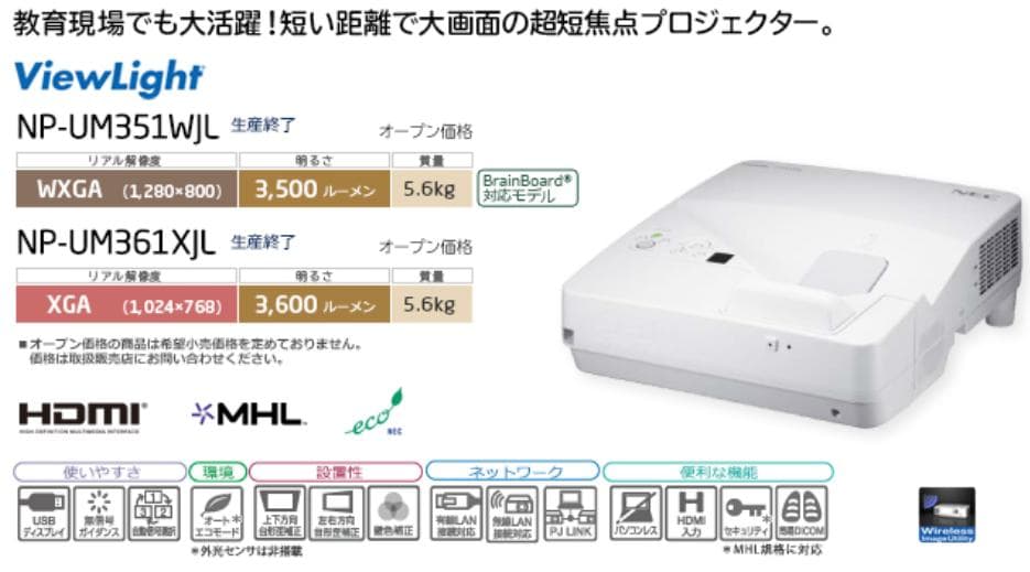 NEC 超単焦点プロジェクター NP-UM351WJL 3500ルーメン★送料込