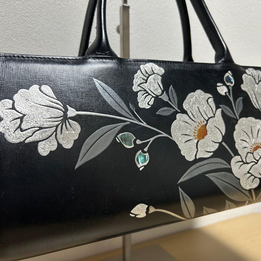 坂本これくしょん 蒔絵レザーバッグ ハンドバッグ 花柄刺繍 美品
