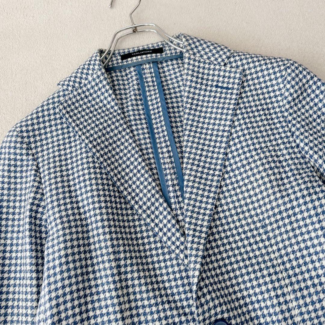 タリアトーレ テーラードジャケット 千鳥格子柄 ライトブルー リネン混 44