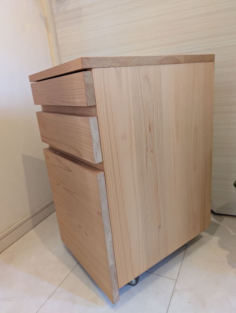 【送料込】キシル　無垢天然木　ヒノキ　キャスター付きワゴン　サイドワゴン