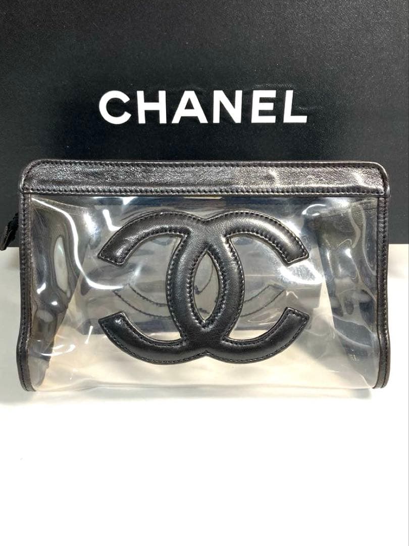 良品　シャネル　ココマーク　クリア　ビニール　クラッチバッグ　ポーチ　ブラック