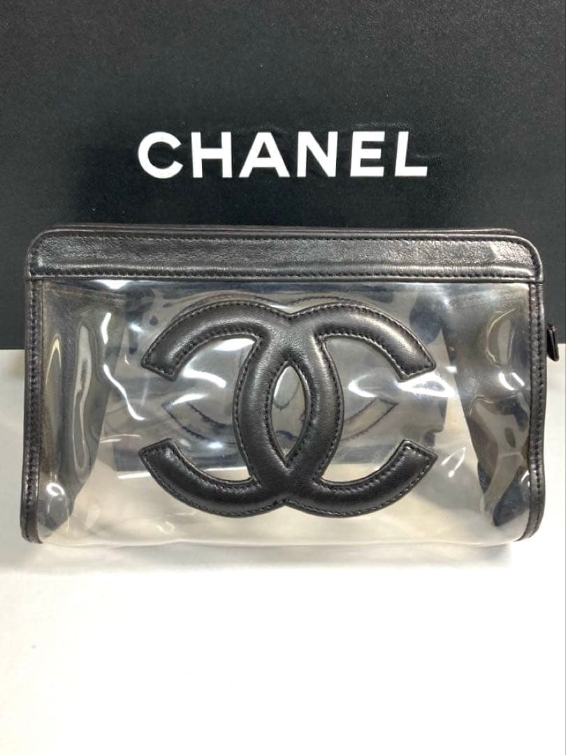 良品　シャネル　ココマーク　クリア　ビニール　クラッチバッグ　ポーチ　ブラック