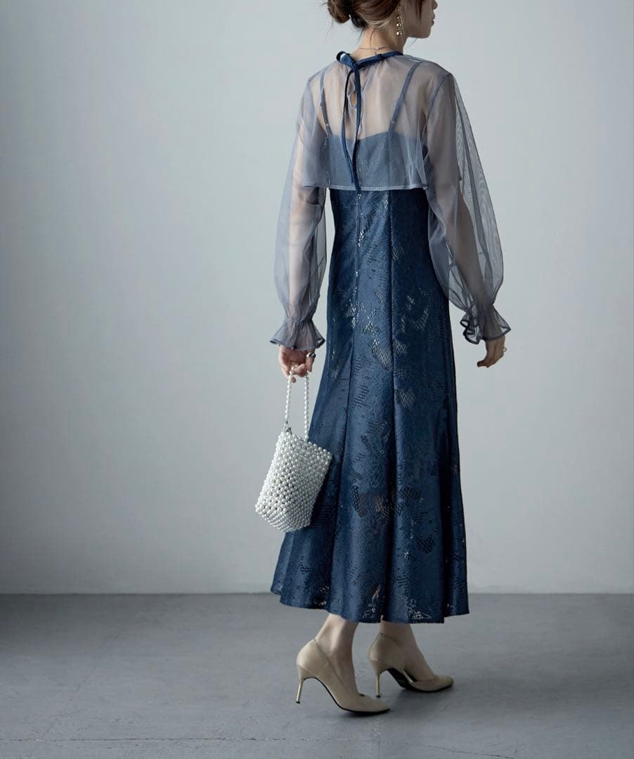 美品★3wayシフォンボレロ&レースキャミドレス／S／グレイッシュブルー・アビス