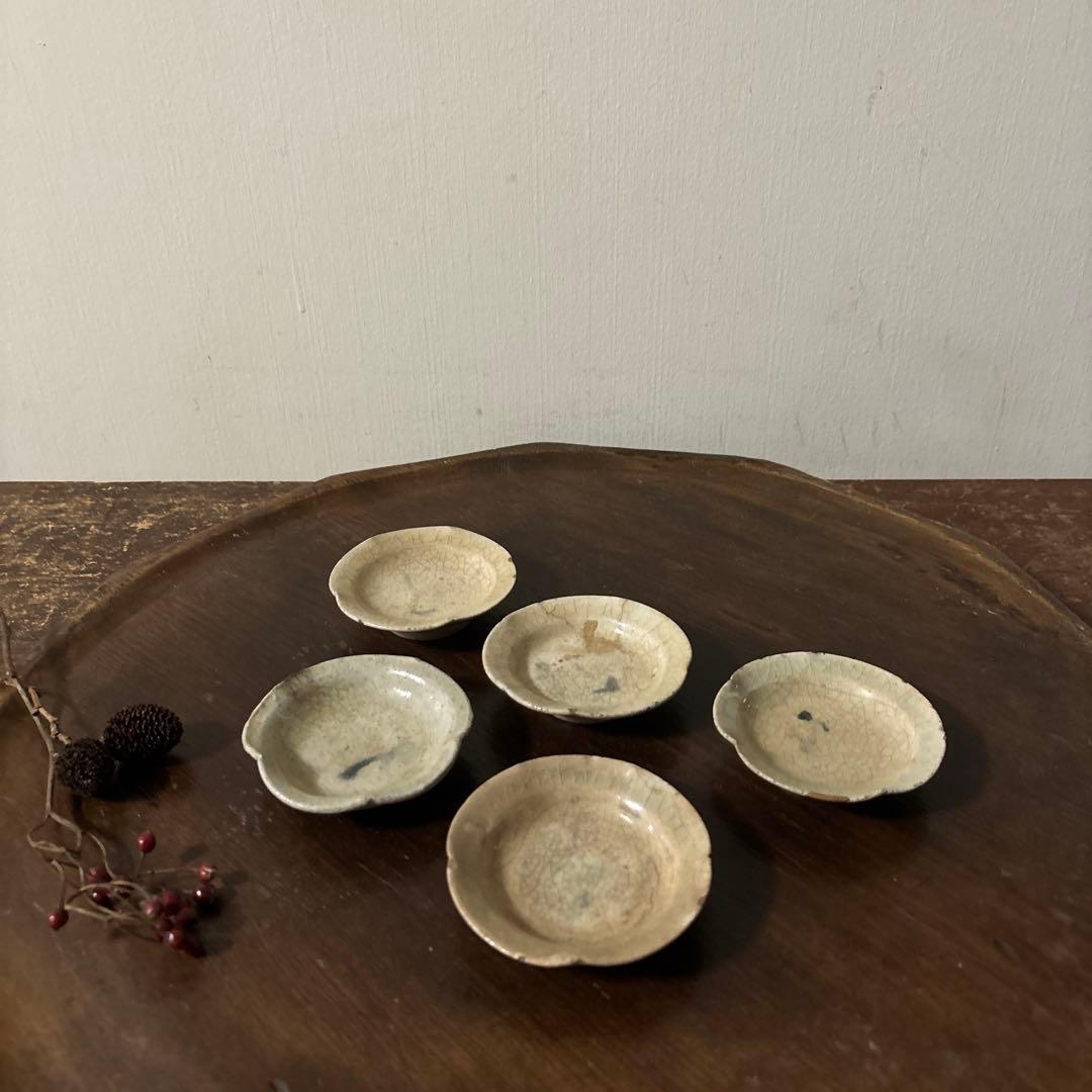 灰釉小皿　5点　豆皿　美濃瀬戸　酒盃　骨董　アンティーク　古道具　古民具　李朝