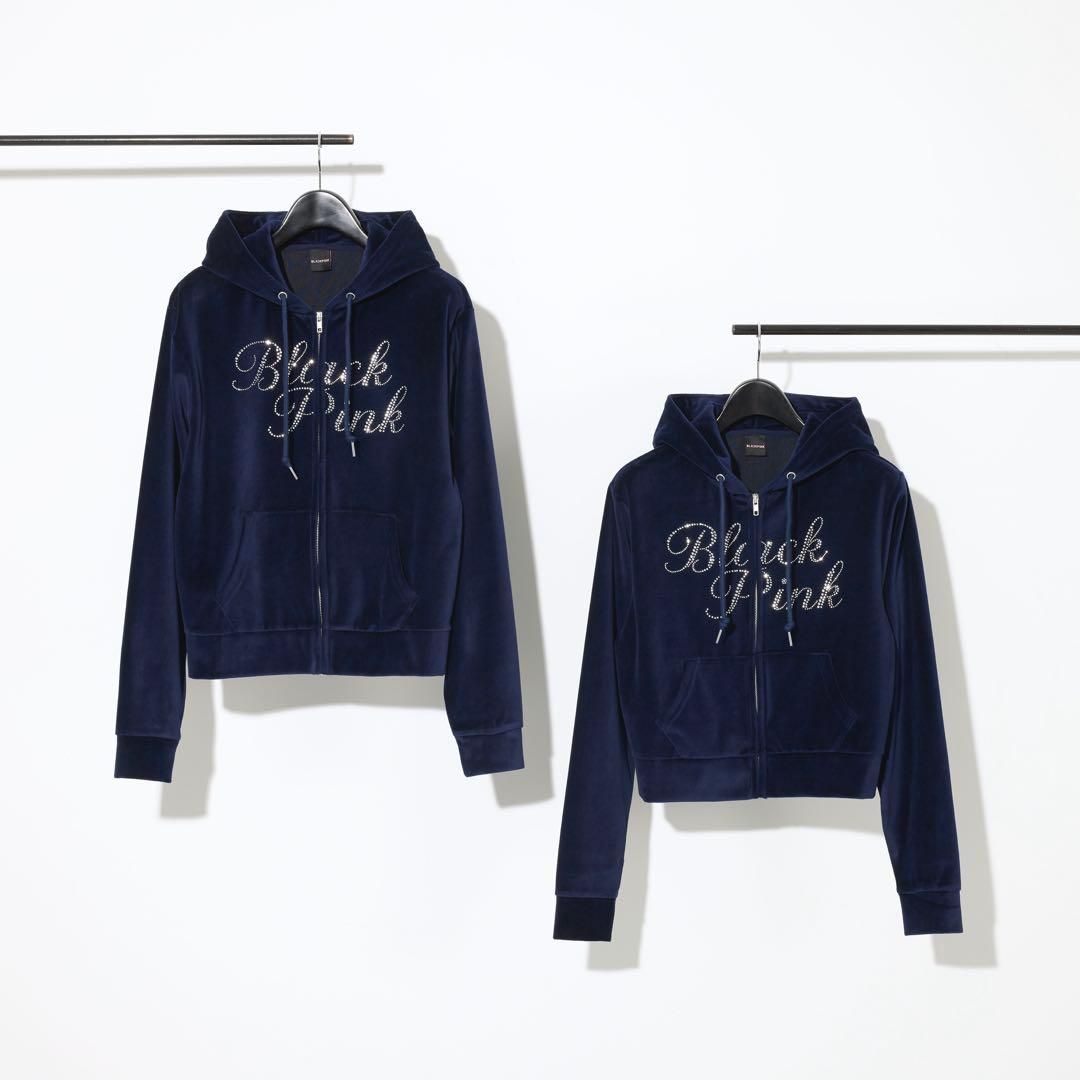 BLACKPINK ベロアジップパーカー ネイビー L