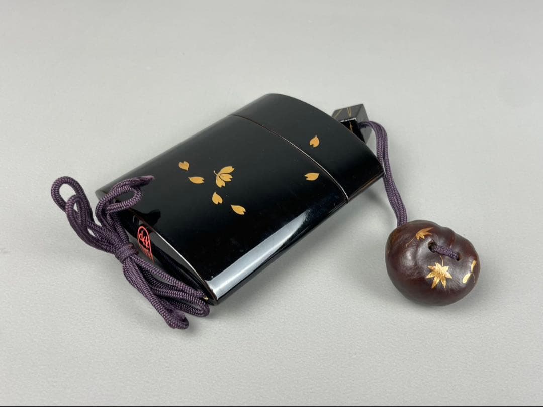 平安 象彦 印籠 共箱付 漆芸 金蒔絵 骨董 提物 木地塗り桜蒔絵 提げ物 根付