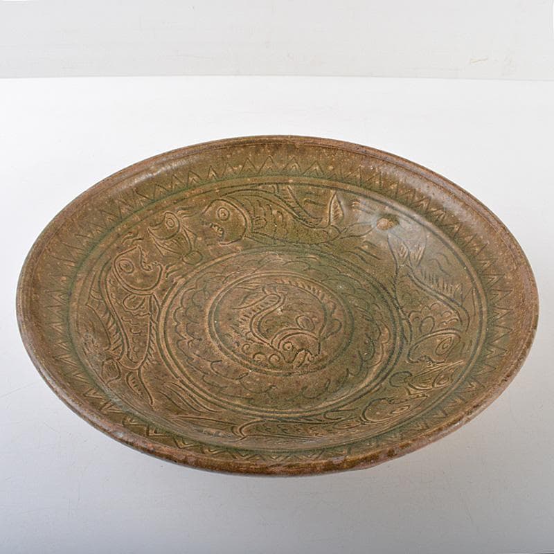 中国　耀州窯青磁　刻魚藻文盤　皿　C　R6199F
