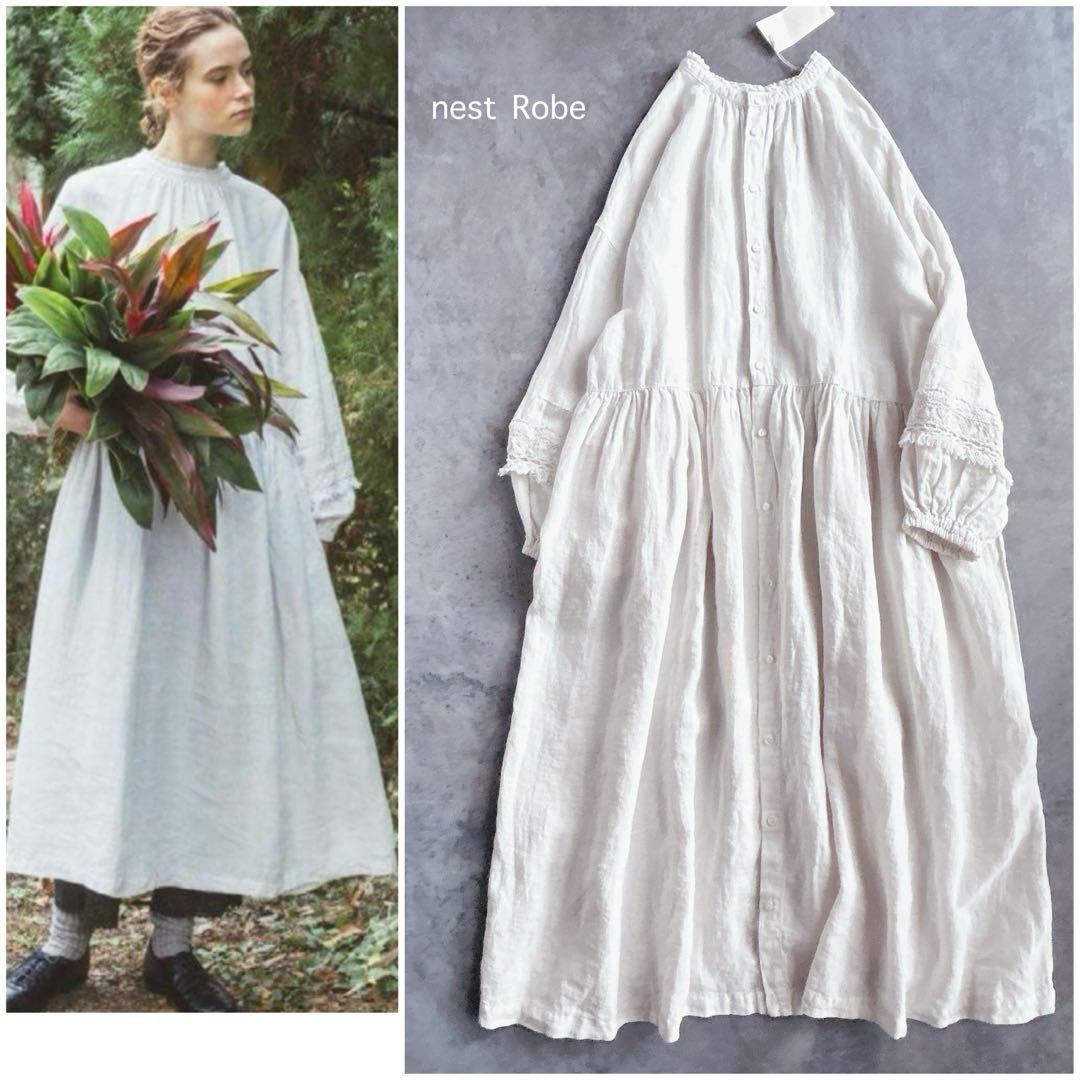 nest Robe ⿻ リネン 近江晒レース切り替え袖ワンピース 白 ナチュラル