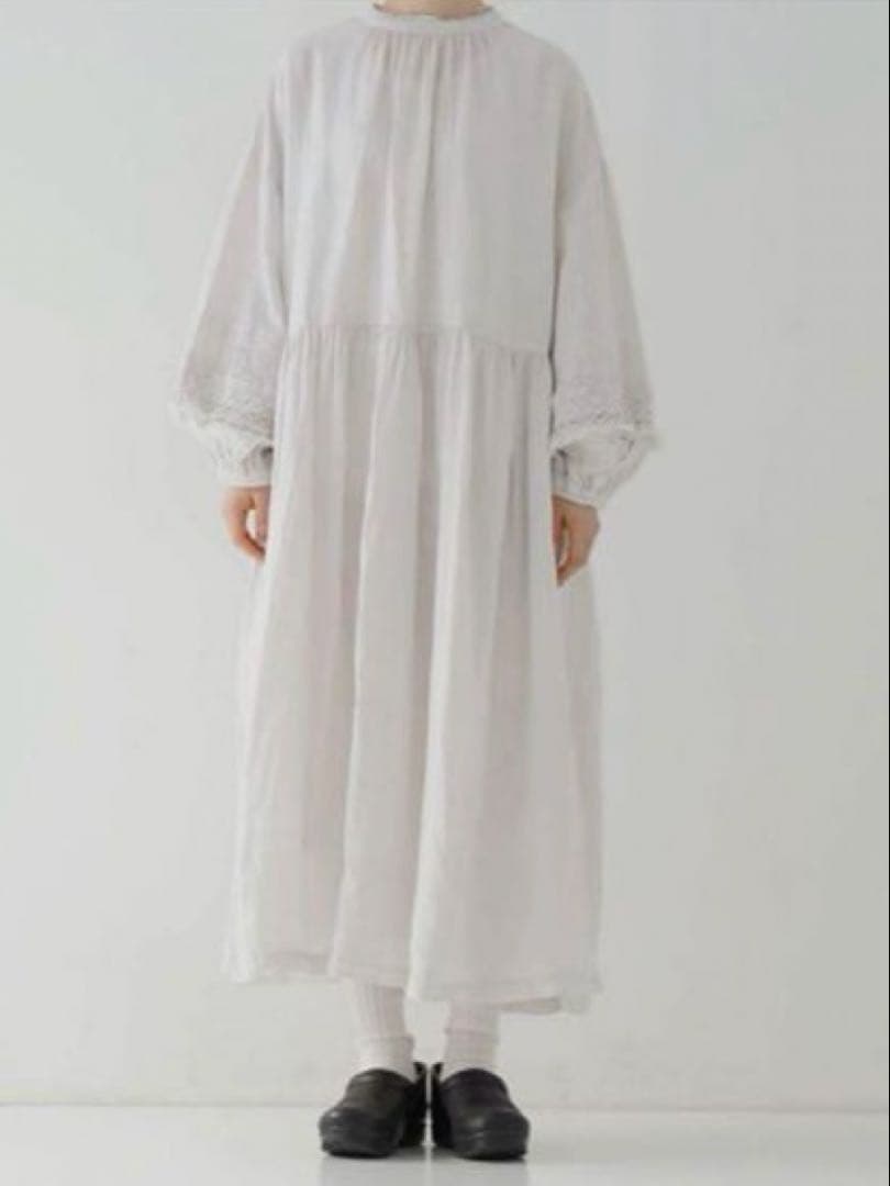 nest Robe ⿻ リネン 近江晒レース切り替え袖ワンピース 白 ナチュラル