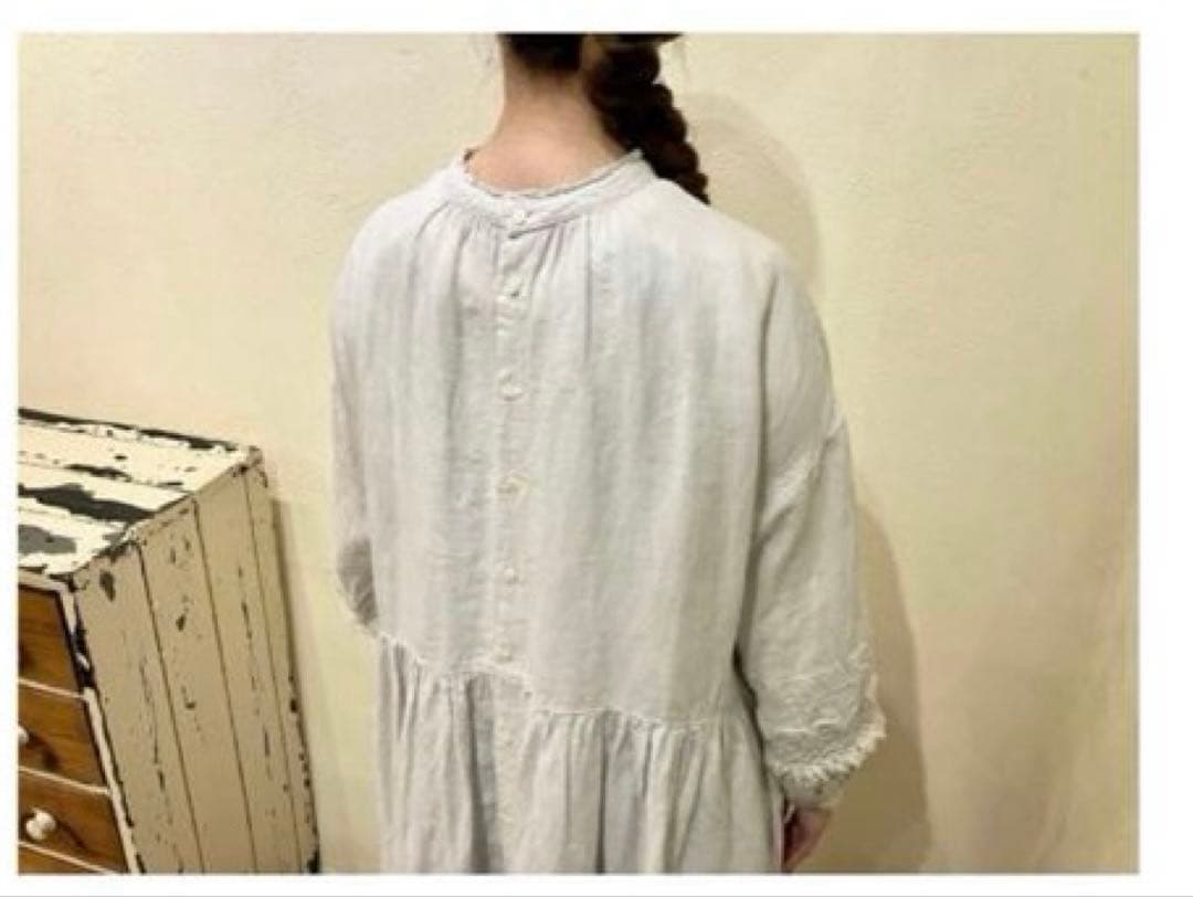 nest Robe ⿻ リネン 近江晒レース切り替え袖ワンピース 白 ナチュラル