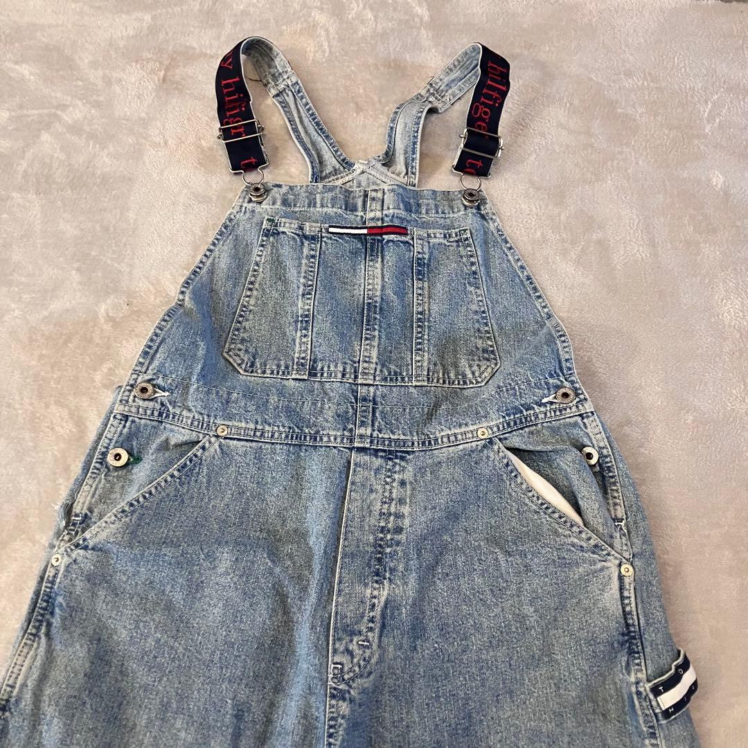 90sトミージーンズ　カナダ製オーバーオール肩紐切り替えデザイントリコロール刺繍