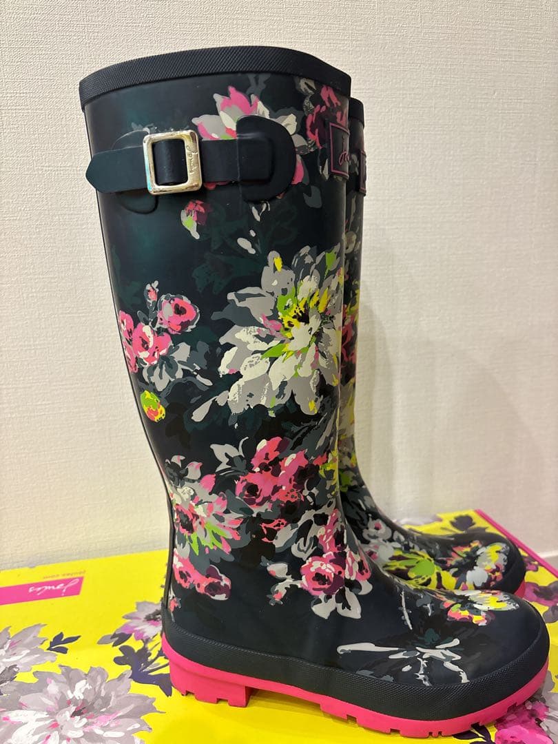 【美品】Joules フラワープリント 長靴 紺・ピンク