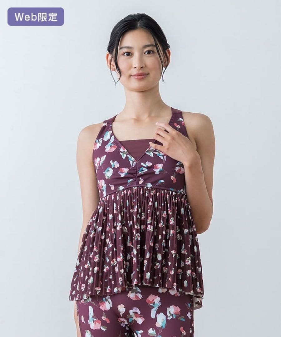 新品タグ付【SUKALA】ローズプリントプリーツタンクトップ Lサイズヨガウェア