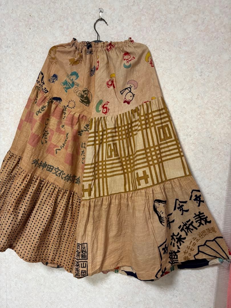 柿渋染め手ぬぐいの3段ティアードパンツ　浴衣リメイク　ゾウ　おかめ　祭り半纏