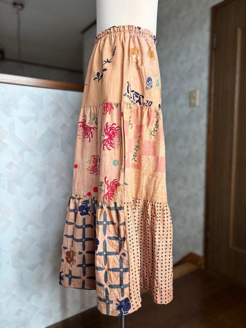 柿渋染め手ぬぐいの3段ティアードパンツ　浴衣リメイク　ゾウ　おかめ　祭り半纏