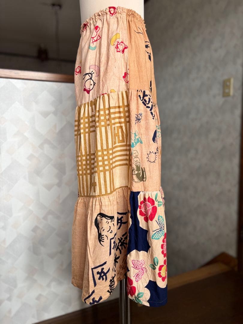 柿渋染め手ぬぐいの3段ティアードパンツ　浴衣リメイク　ゾウ　おかめ　祭り半纏