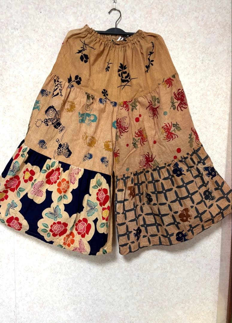 柿渋染め手ぬぐいの3段ティアードパンツ　浴衣リメイク　ゾウ　おかめ　祭り半纏