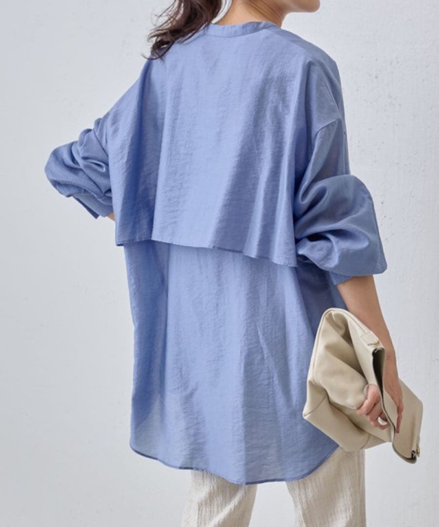 ✨定価2.2万円✨ビアズリー　レイヤードシャツ　バンドカラー　とろみ素材　ブルー