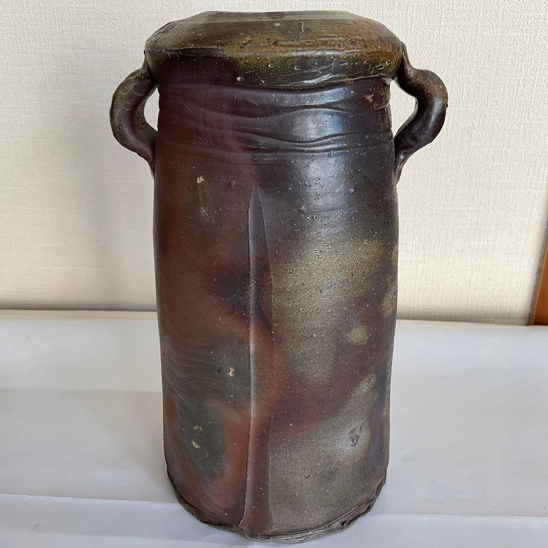 備前焼　岡山県重要無形文化財保持者　各見政峯(壽峯)作　備前耳付花入