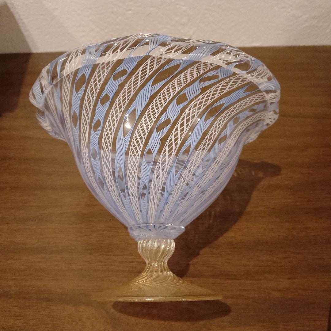 ベネチアンガラス　ムラノ　MURANO　コンポート　水色　レース　インテリア