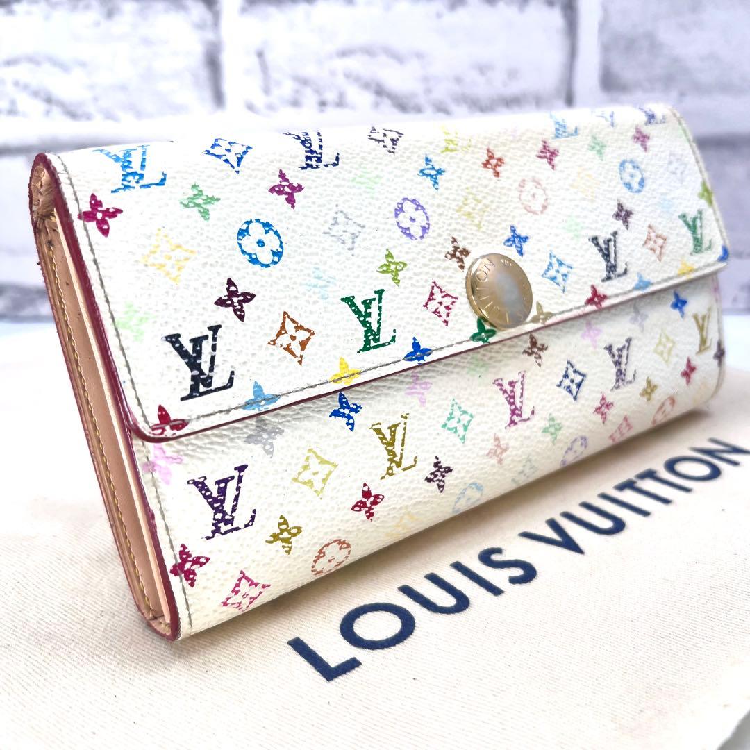 ルイヴィトン モノグラムマルチカラー ポルトフォイユサラ 村上隆 白×ベージュ