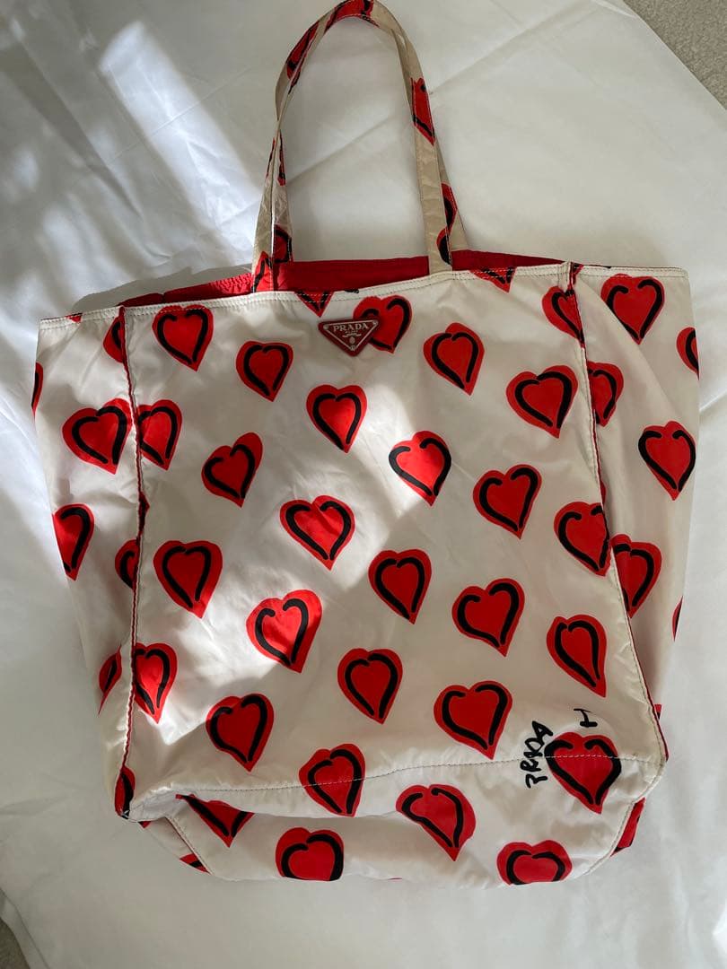 PRADA プラダ ハート柄 エコバッグ ホワイト/レッド ショルダーバッグ