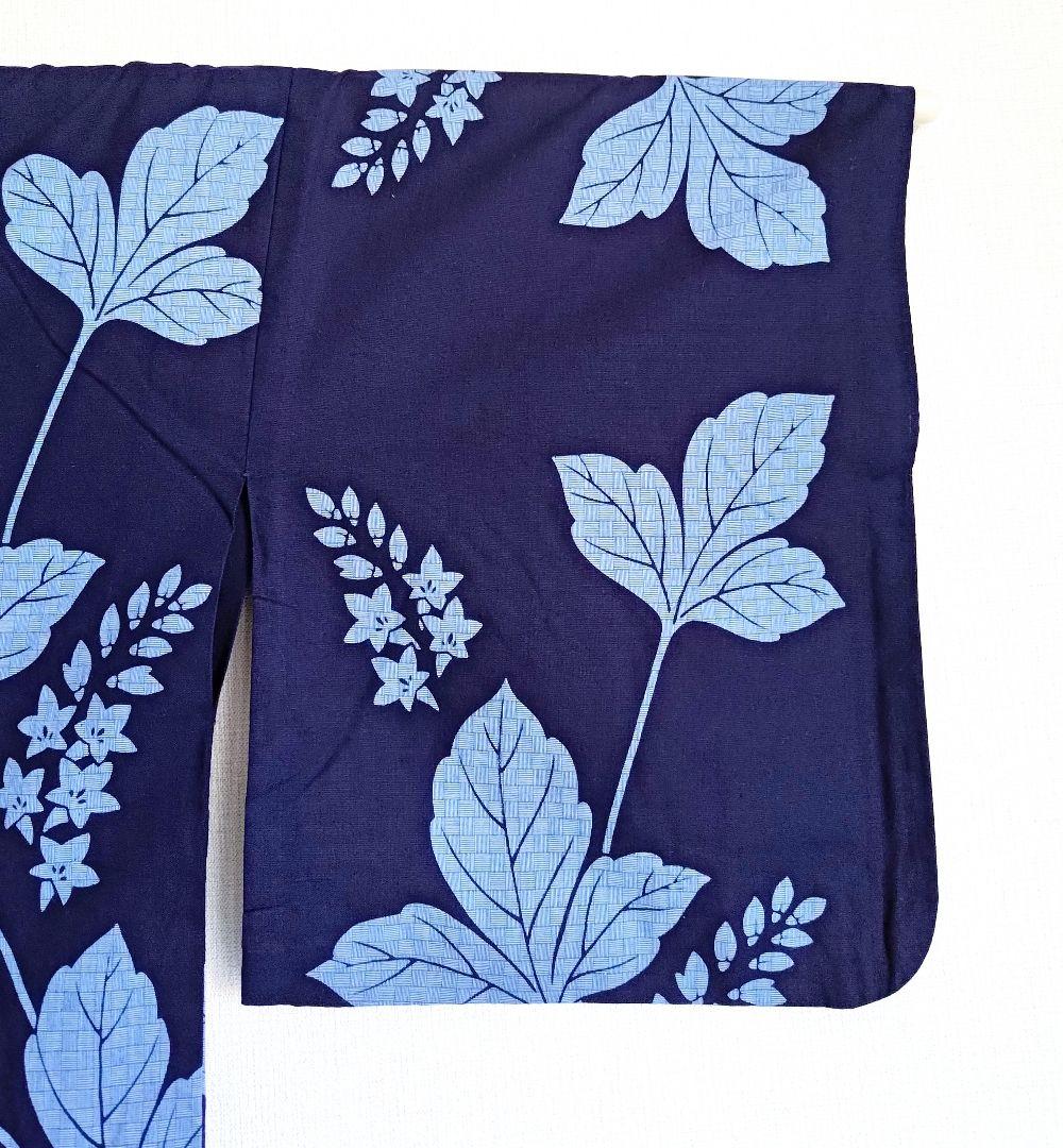 あやのん★百貨店仕立浴衣葉柄花柄藍色ネイビーくすみブルー注染紺地紺色高島屋