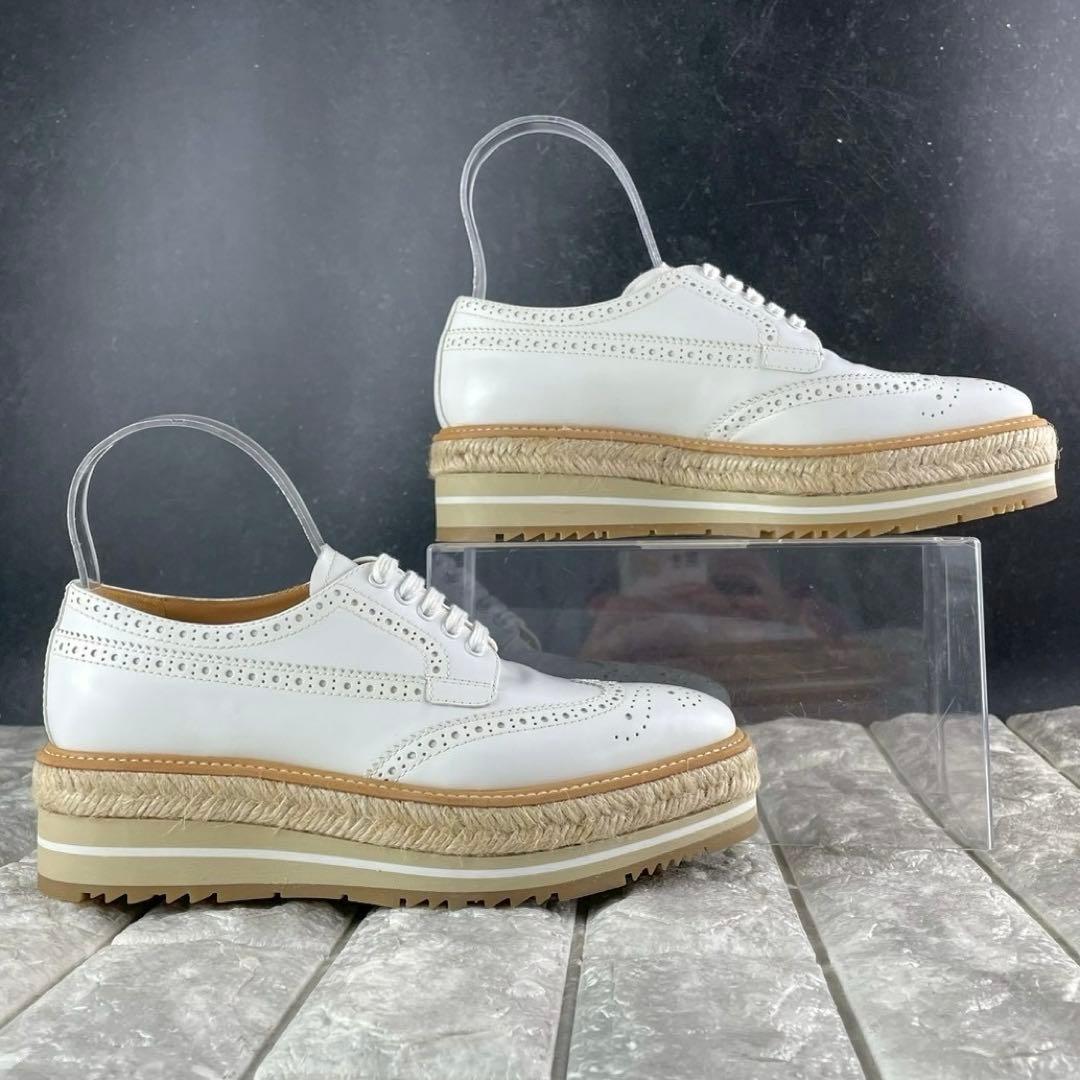 未使用級 プラダ エスパドリーユ 厚底 レザー ウィングチップ プラットフォーム
