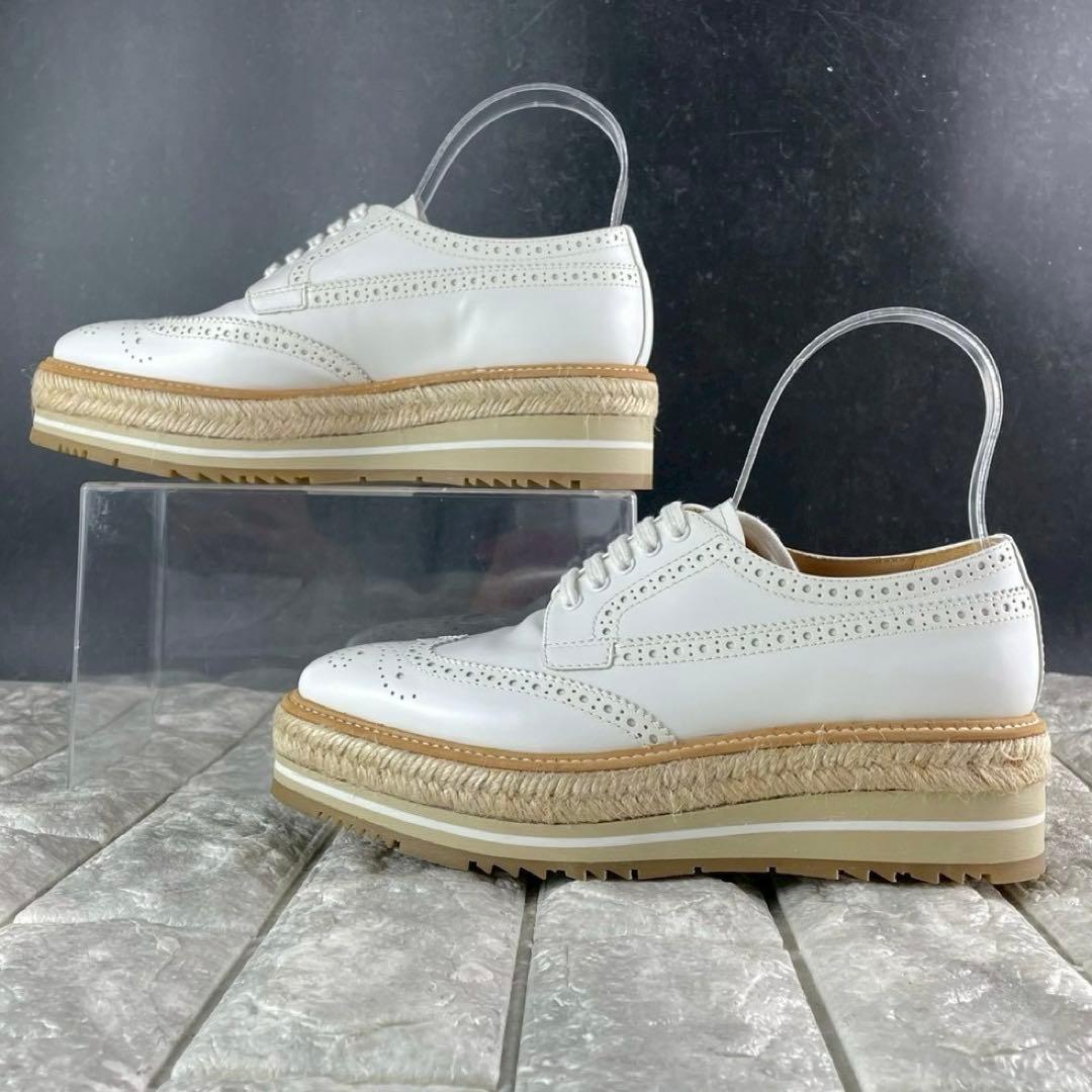 未使用級 プラダ エスパドリーユ 厚底 レザー ウィングチップ プラットフォーム