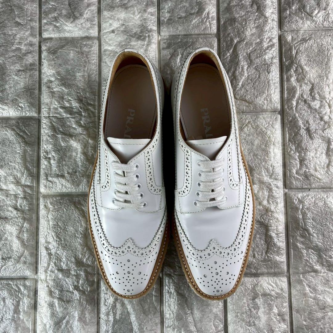 未使用級 プラダ エスパドリーユ 厚底 レザー ウィングチップ プラットフォーム