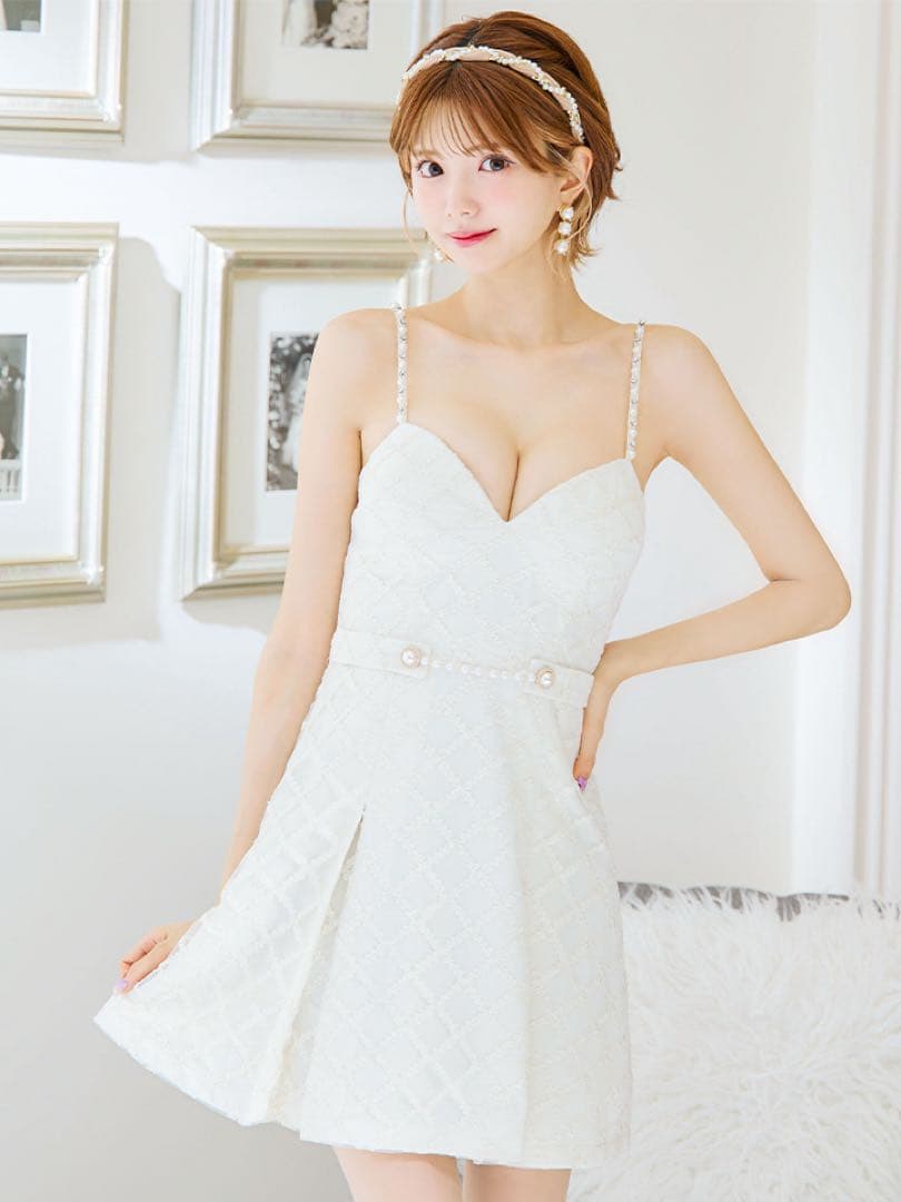 パールストラップ✖️格子レースプリーツドレスM