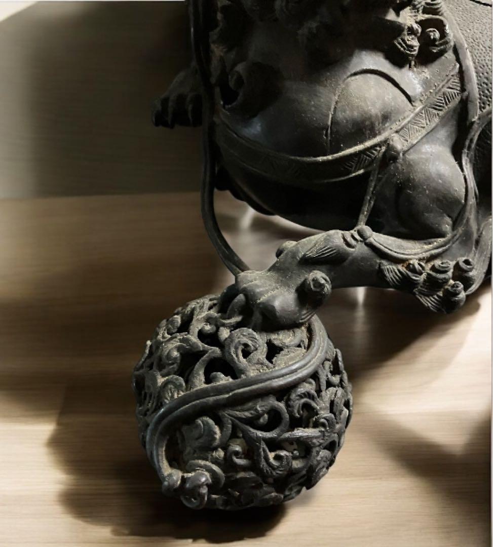 旧家　古い銅製　高炉　獅子　古銅宣徳銅　神獣　魔除　縁起物　彫金　玉獅子