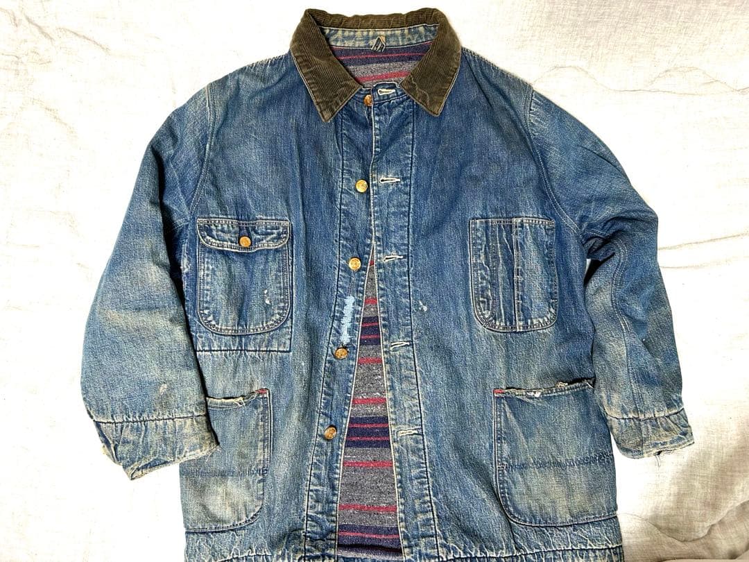 ヴィンテージ　デニムカバーオール コーデュロイ襟付き