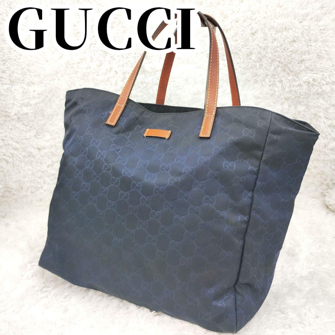 GUCCI✨️ナイロン レザー トートバッグ ショルダーバッグ ネイビー GG柄