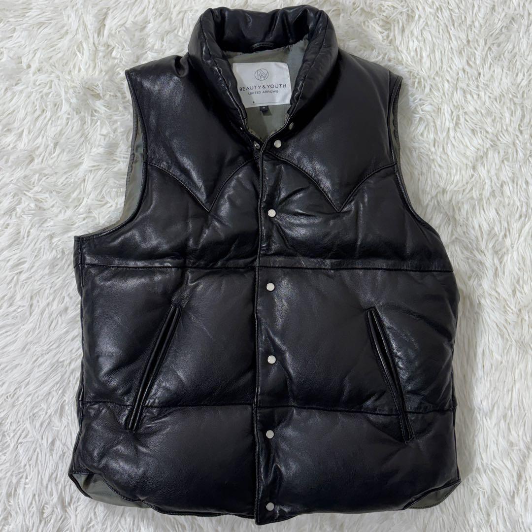 UNITED ARROWS ダウンベスト ラムレザー 羊革 ブラック 本革 S