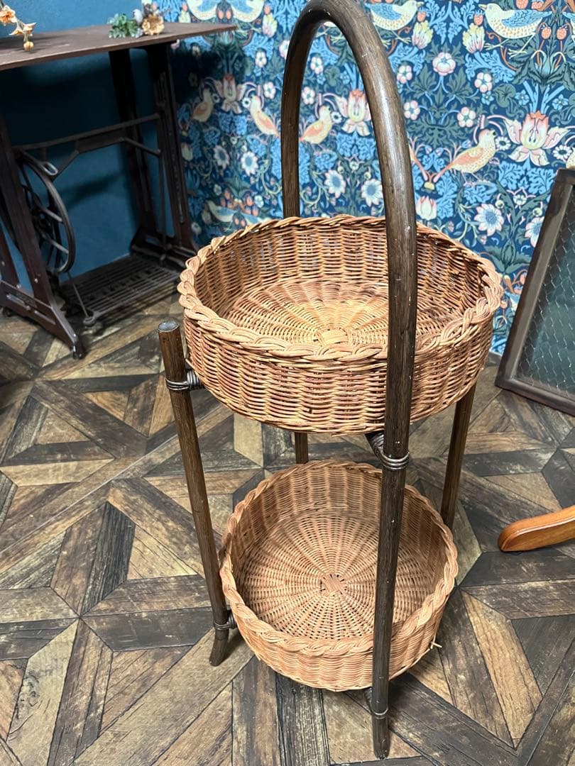 はるなな＊籐 ラタン 2段 バスケット かご インテリア 昭和レトロ