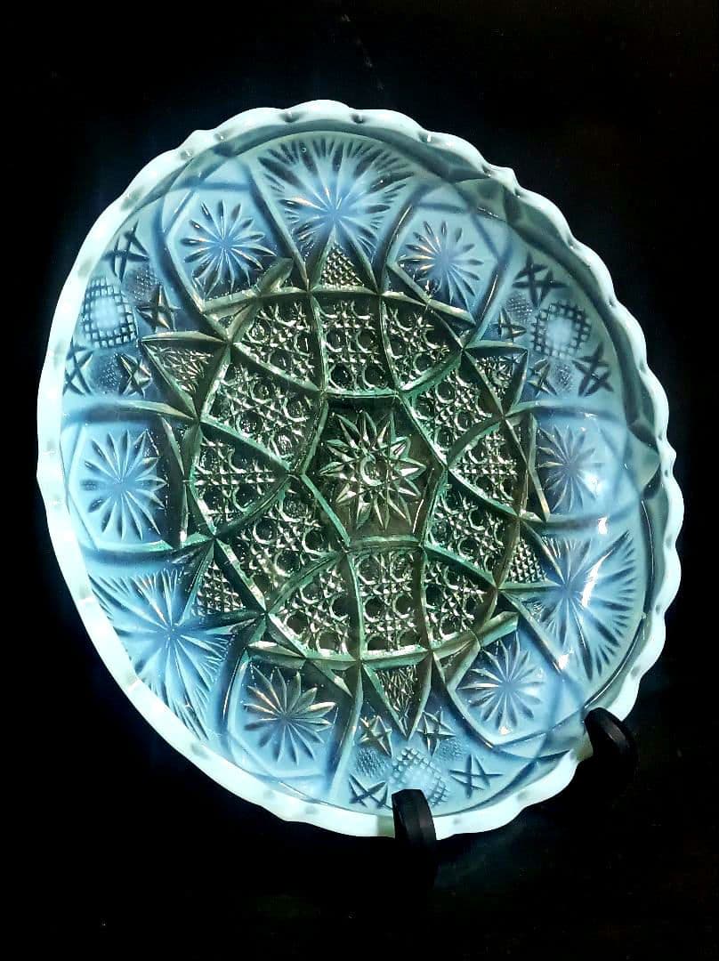 【骨董】大正ガラス 青色乳白色 時代ガラス オパールセントガラス ウラン反応