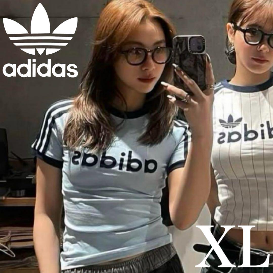 希少XL⭐️adidas リニアグラフィック カリTシャツ ブルー×ネイビー