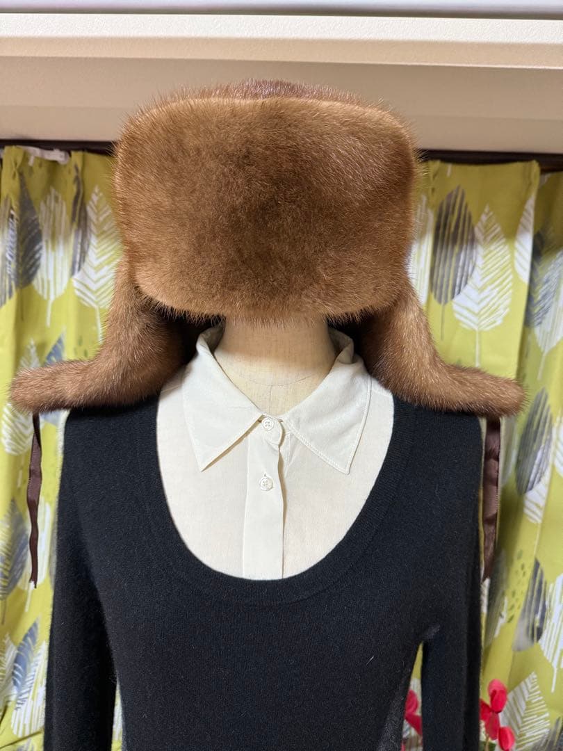 ミンクファー帽子　フライトキャップ ロシア帽 ブラウン 防寒　58cm ブラウン