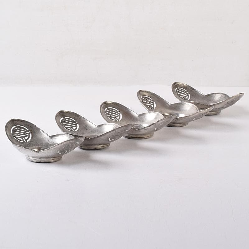 煎茶道具　古錫　鮎銅銘　透かし喜字文　木瓜式　茶托　五客　D　R8421