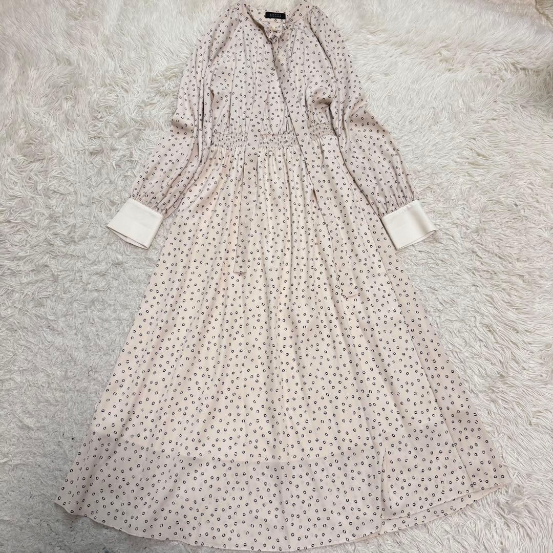 近年極美品　バーニーズニューヨーク　マキシ丈ワンピース　ボウタイ　ドット　総柄