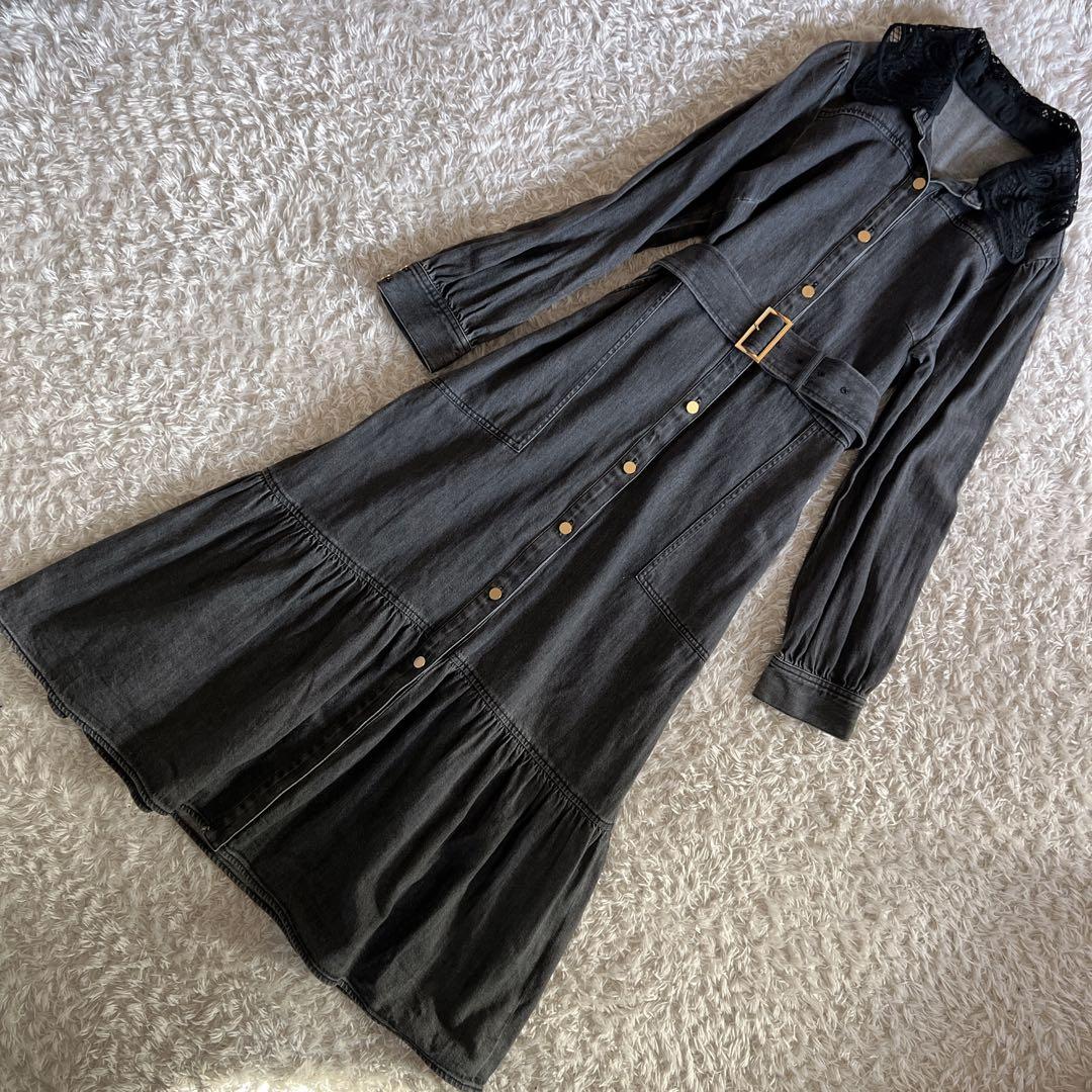 【Diagram】デニムシャツワンピース　レース襟　ベルト　前開き