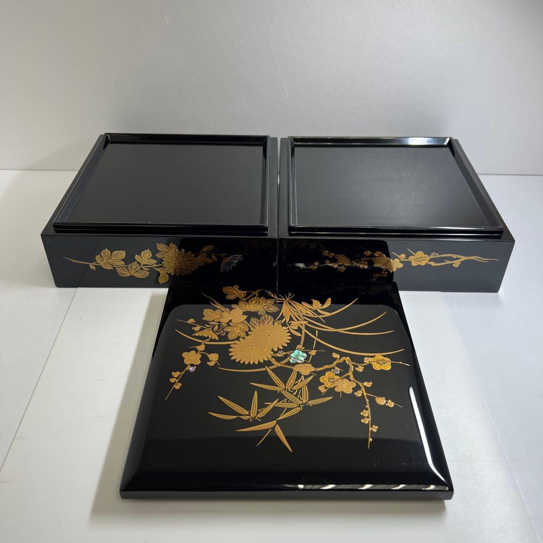 輪島塗　極上蒔絵二段重　蓋無木箱付　東Y7-0922③