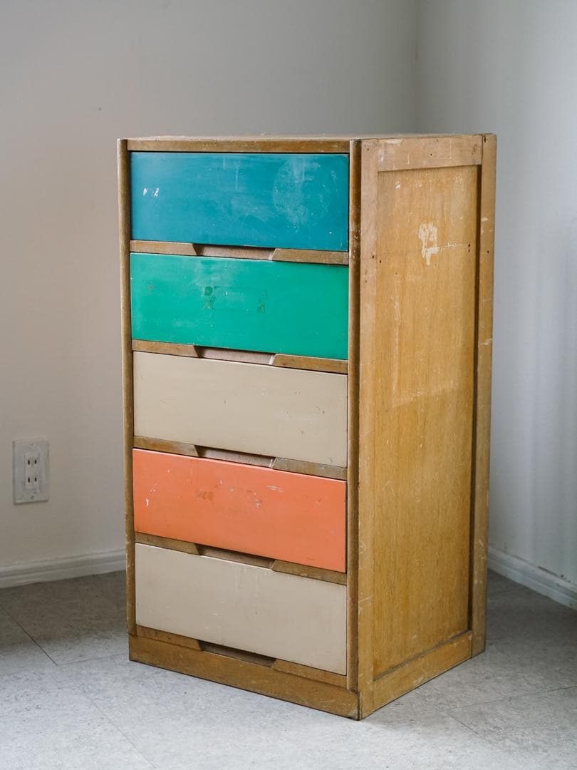 60-70's レトロポップ 古道具 木製 5段チェスト/収納 アンティーク