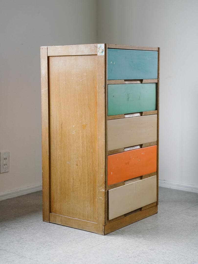 60-70's レトロポップ 古道具 木製 5段チェスト/収納 アンティーク