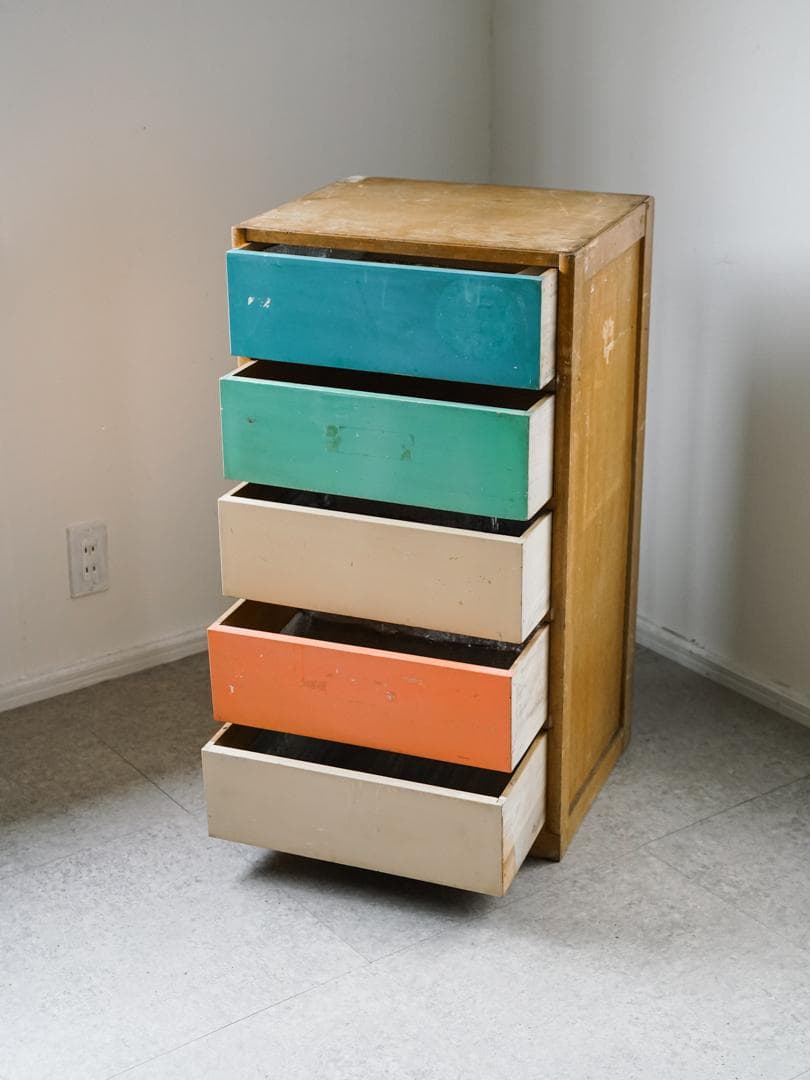 60-70's レトロポップ 古道具 木製 5段チェスト/収納 アンティーク