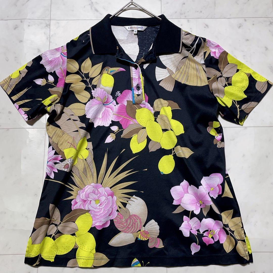 美品✨　レオナールスポーツ　半袖　ポロシャツ　LLサイズ　花柄　ピンク　大きめ