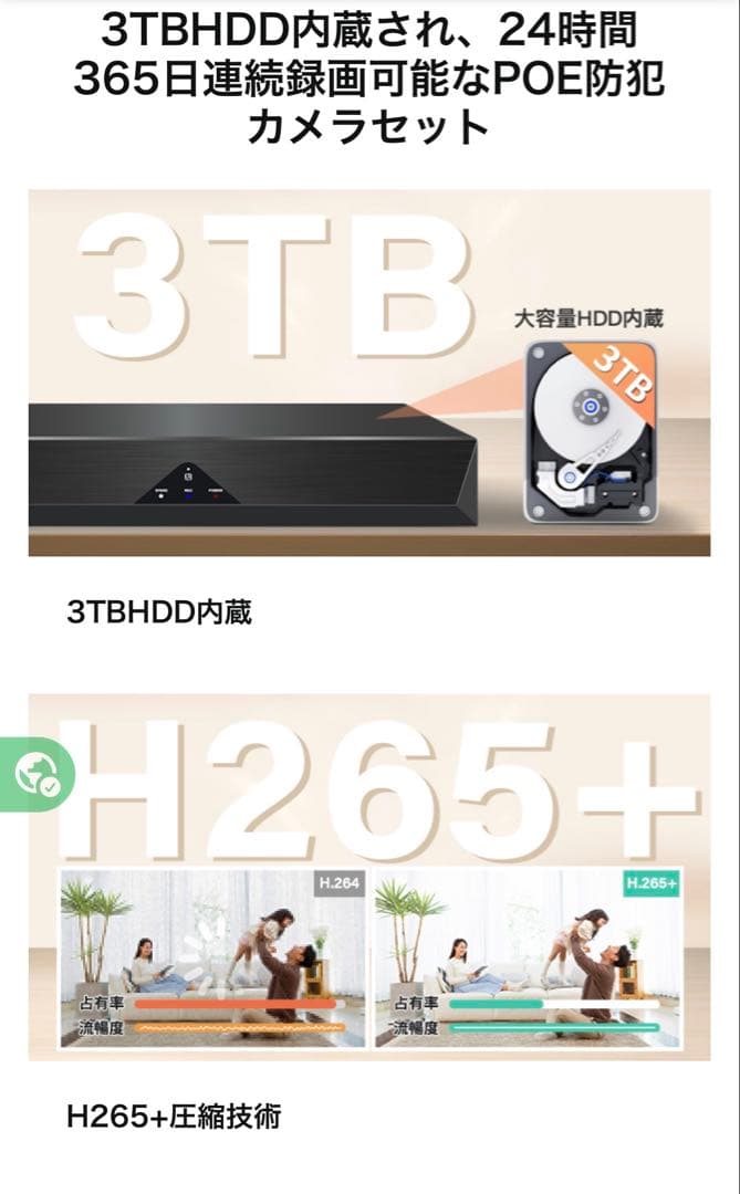 高画質防犯カメラ4台　3TBHDD内蔵レコーダー