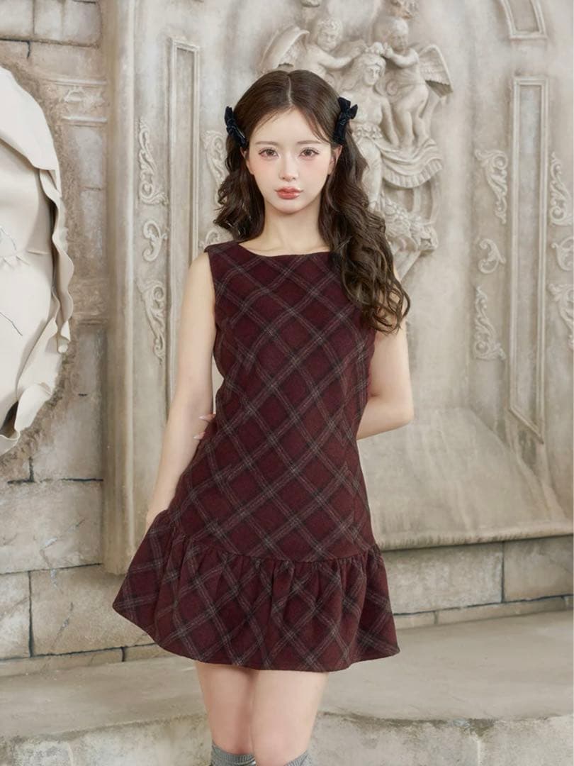 ダーリッチ タータンチェックノースリミニワンピース ボルドー